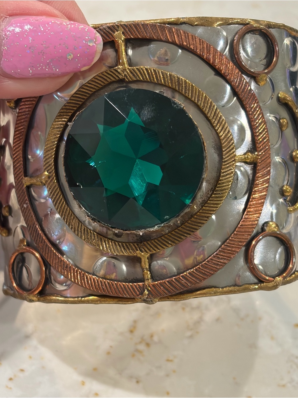 Artisan Mixed Metal Statement Cuff Ringed Medallion Emerald Green Faceted Gem - Picture 5 of 14
